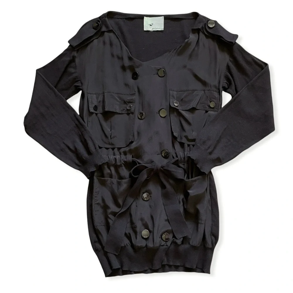 3.1 Phillip Lim Silk Cardigan Belted Button Front Utility Sweater Black Size 2